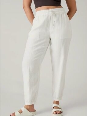 Athleta Linen White Elastic-Waist Jogger Pants